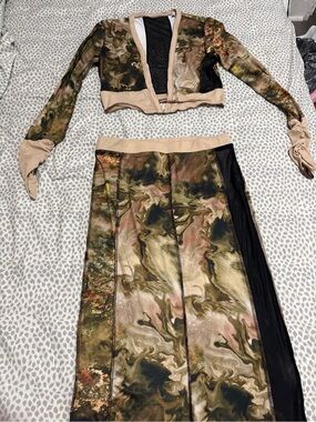 Olive Multi-Tone Abstract Panel Skirt Set